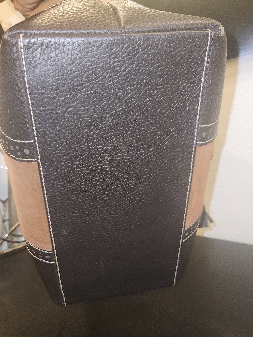 Dooney & Bourke Two-Tone Tan and Dark Brown Leather Drawstring Hobo - Picture 4 of 8